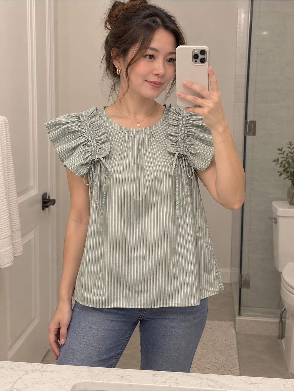 Oddi “Frankie” Ruffle Sleeve Striped Top in Aloe Green Large